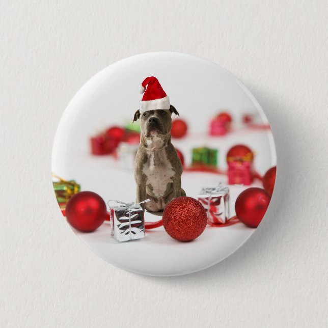 Pit Bull Dog with Gift box and Christmas Ornaments 2 Inch Round Button (Front)