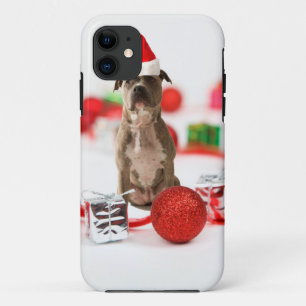 Pit Bull Dog with Gift box and Christmas Ornaments iPhone 11 Case