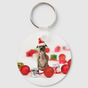Pit Bull Dog with Gift box and Christmas Ornaments Keychain