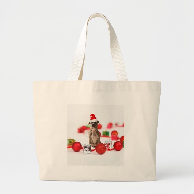 Pit Bull Dog with Gift box and Christmas Ornaments Large Tote Bag (Front)