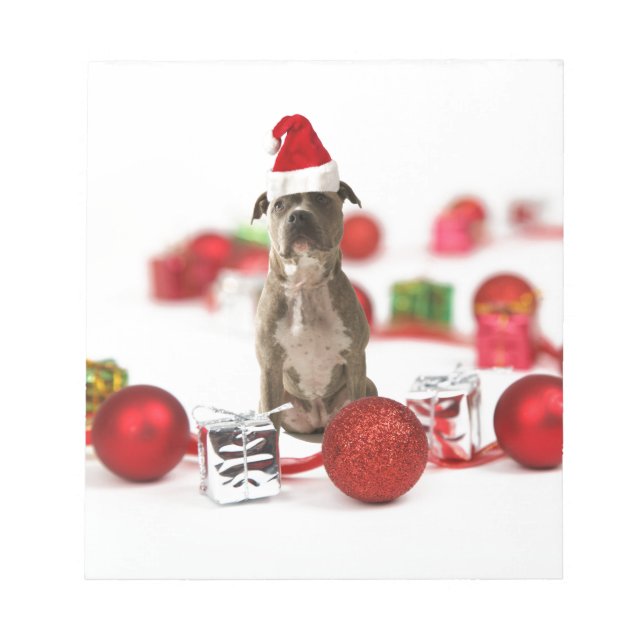 Pit Bull Dog with Gift box and Christmas Ornaments Notepad (Front)