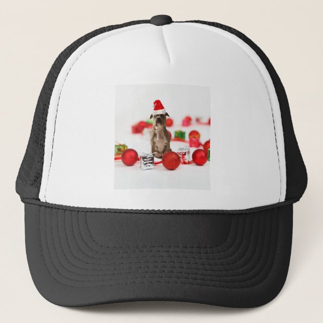 Pit Bull Dog with Gift box and Christmas Ornaments Trucker Hat (Front)