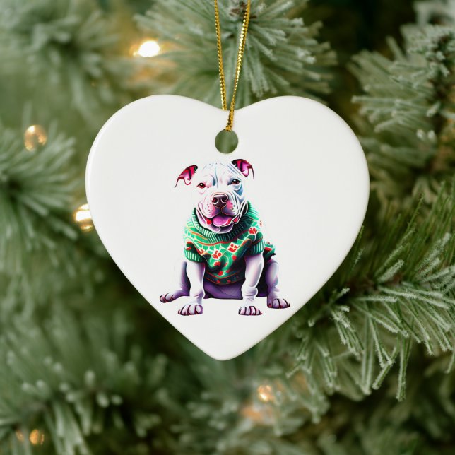 Pit Bull in Christmas Sweater Ceramic Ornament (Tree)