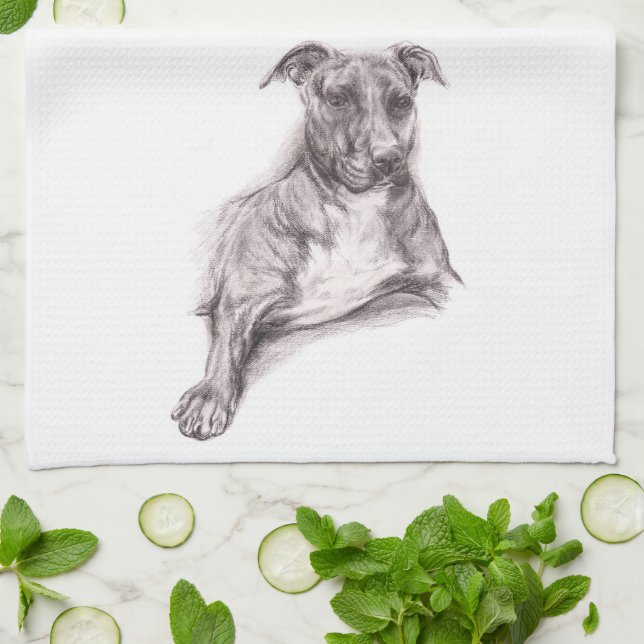 Pit Bull Portrait in Charcoal Kitchen Towel (Folded)