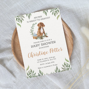 Pit bull Puppy Brown Boho Greenery Baby Shower Invitation