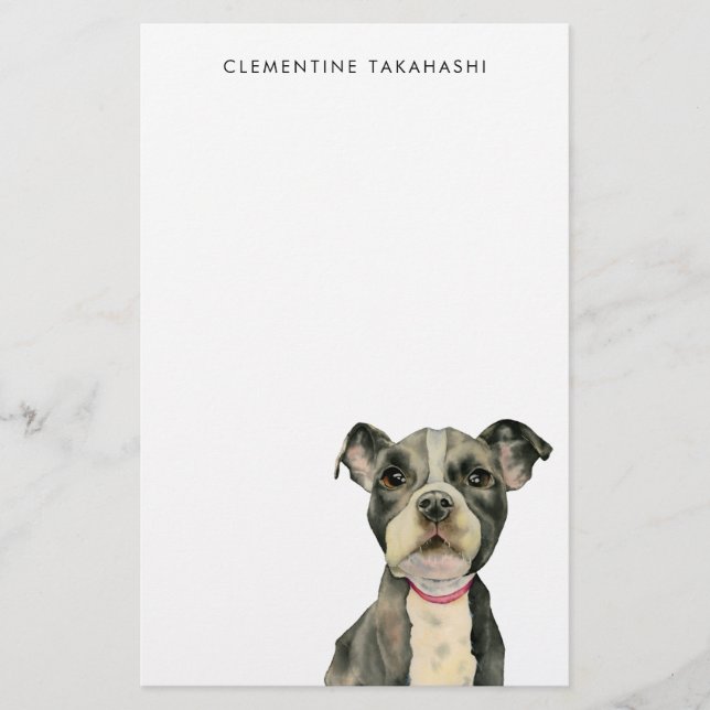 Pit Bull Puppy Dog Watercolor Personalized Stationery (Front)