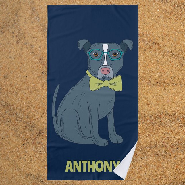 Pit Bull Puppy Dog Wearing Glasses Personalized Beach Towel (Creator Uploaded)