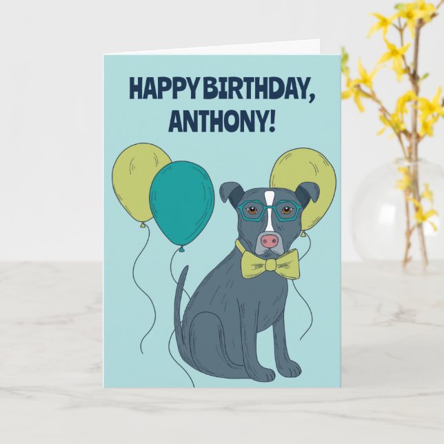 Pit Bull Puppy Dog Wearing Glasses Personalized Card (Yellow Flower)