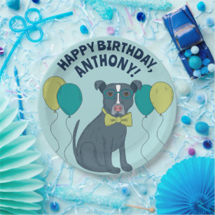Pit Bull Puppy Dog Wearing Glasses with Balloons Paper Plate