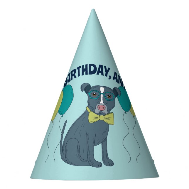 Pit Bull Puppy Dog Wearing Glasses with Balloons Party Hat (Front)