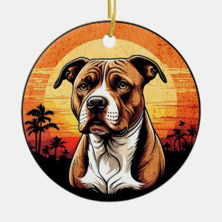 Pit Bull Retro Sunset Dog Lover Ceramic Ornament