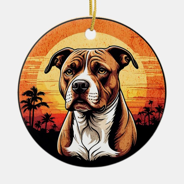 Pit Bull Retro Sunset Dog Lover Ceramic Ornament (Front)