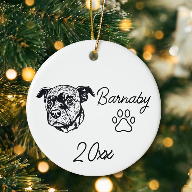 Pit Bull Terrier Dog Custom Name & Year Line Art Ceramic Ornament (Pit bull terrier Dog Custom Name and Year Ornament with Paw Print. Black and White Line Art Modern)