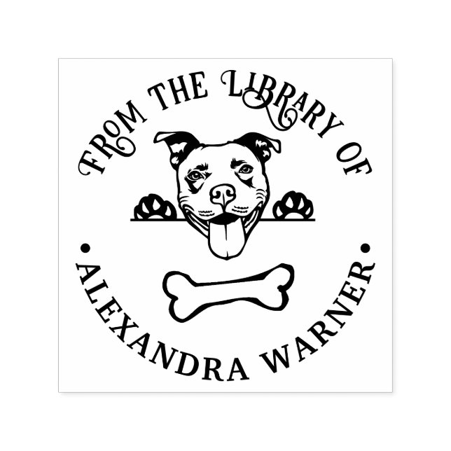 Pit Bull Terrier Dog Eying Bone Library Book Name Self-inking Stamp (Design)