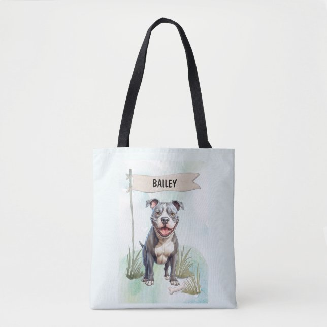 Pit Bull Terrier Watercolor Personalized Dog Tote Bag (Front)