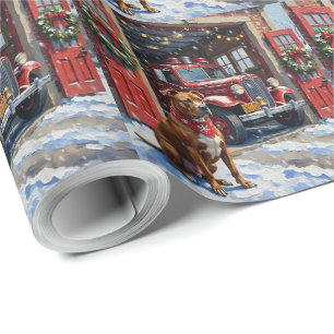 Pit Bull Type Dog Christmas Fire Station Holiday Wrapping Paper