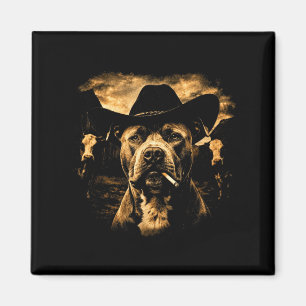 Pit Bull Western Graphic Cowboy Dog Smoking Magnet