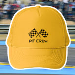 Pit Crew Custom Text Car Flags Yellow Black Trucker Hat<br><div class="desc">A custom name trucker hat for racing fans and lovers of speed! This editable template features winning chequered flags, and is personalize with a name, event, slogan, team name, pit crew or other text. A great gift for birthdays, holidays, Father's Day, Mother's Day, bachelor parties, bachelorette parties, and sports vehicle...</div>