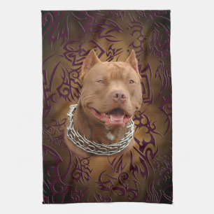 Pitbull brown tribal tattoo kitchen towel