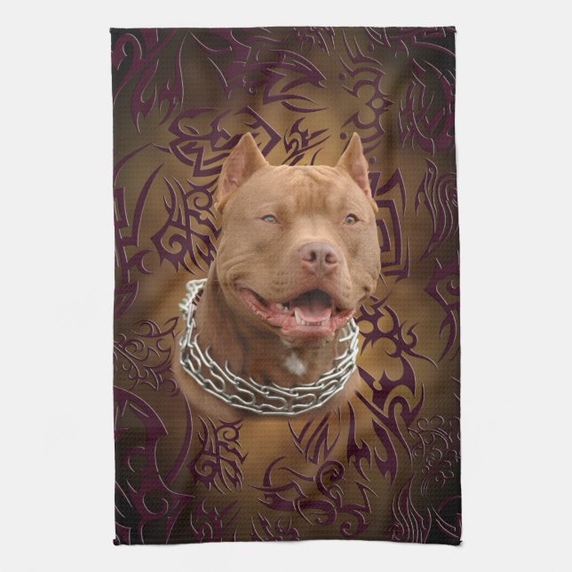 Pitbull brown tribal tattoo kitchen towel (Vertical)