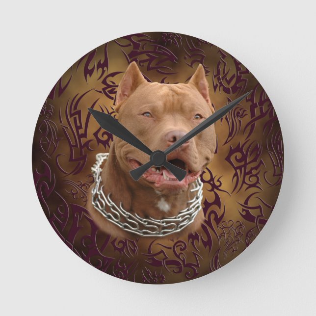Pitbull brown tribal tattoo round clock (Front)
