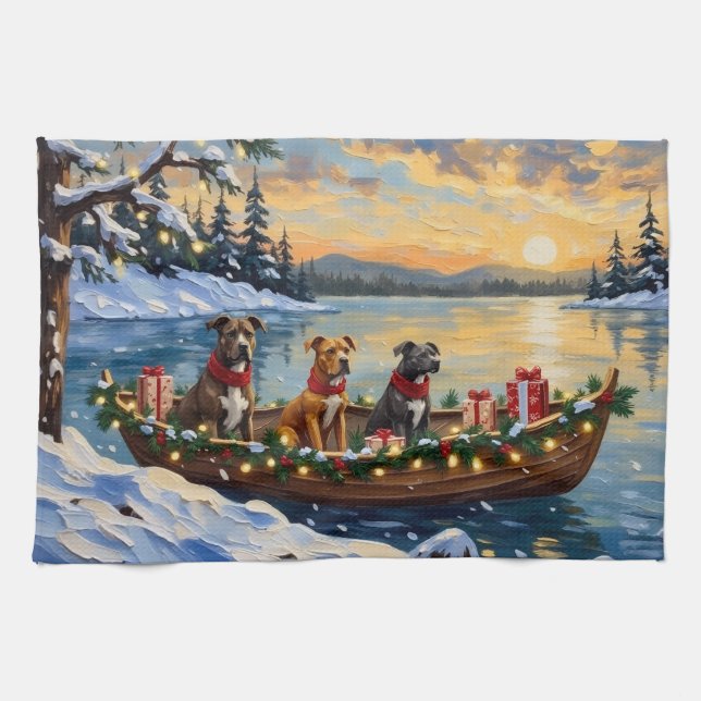 Pitbull Christmas Boat Holiday Kitchen Towel (Horizontal)