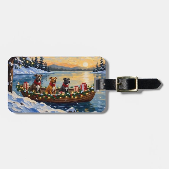 Pitbull Christmas Boat Holiday Luggage Tag (Front Horizontal)