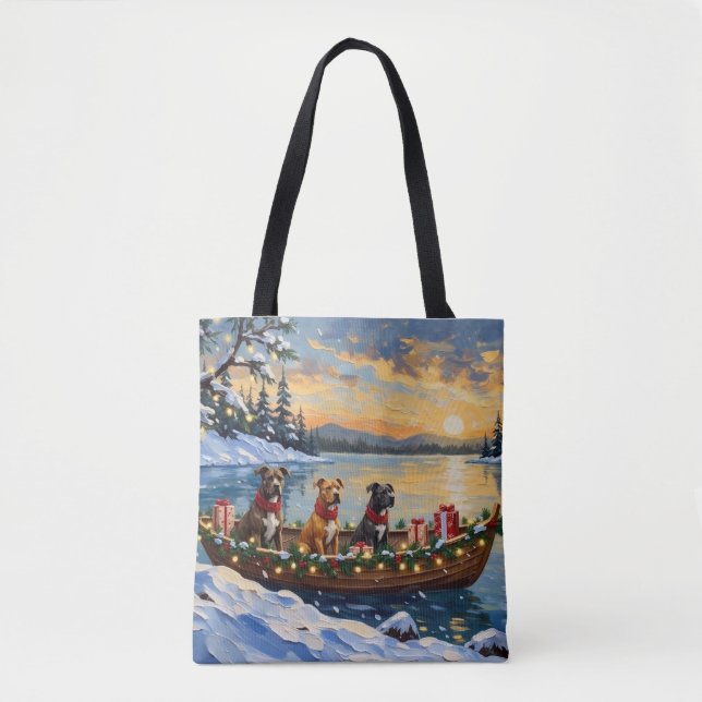 Pitbull Christmas Boat Holiday Tote Bag (Front)