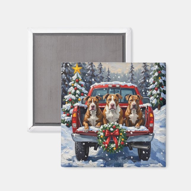 Pitbull Christmas Red Truck Holiday Magnet (Front/Back)