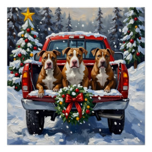 Pitbull Christmas Red Truck Holiday Poster