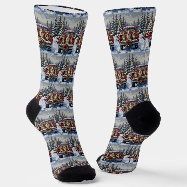 Pitbull Christmas Red Truck Holiday Socks (Angled)