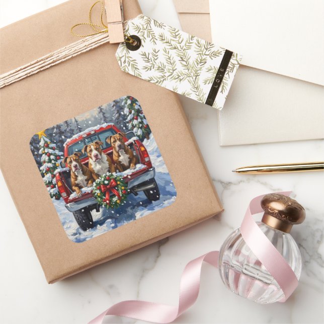 Pitbull Christmas Red Truck Holiday Square Sticker (Gifting)