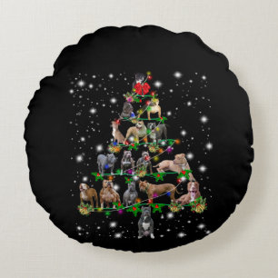 Pitbull Christmas Tree Covered By Flashlight Round Pillow