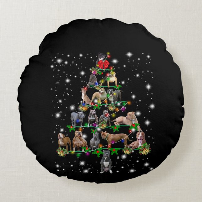 Pitbull Christmas Tree Covered By Flashlight Round Pillow (Front)