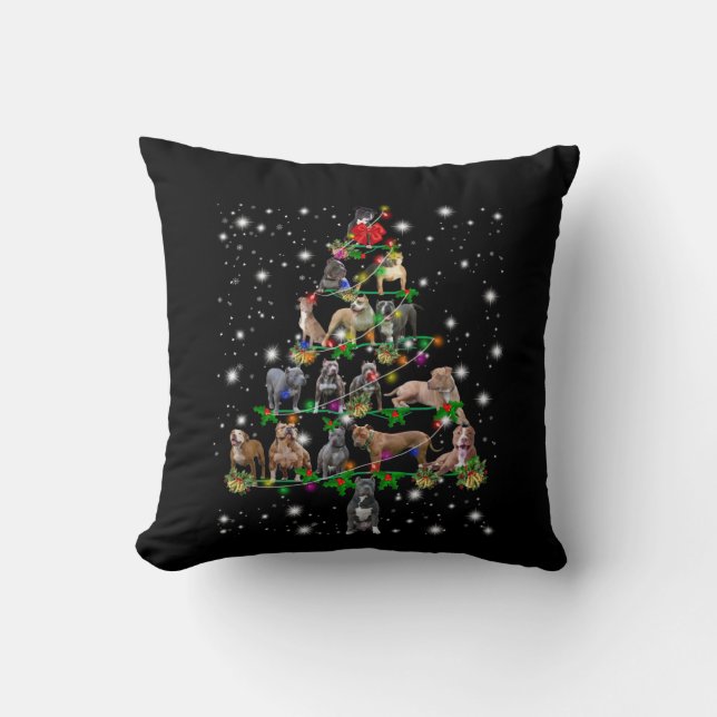 Pitbull Christmas Tree Covered By Flashlight Throw Pillow (Front)