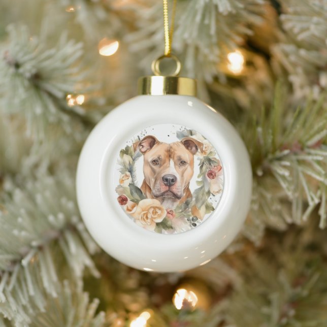 Pitbull Christmas Wreath Festive Pup Ceramic Ball Christmas Ornament (Tree)
