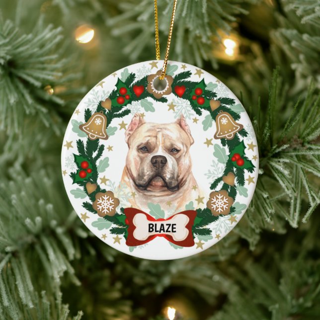 Pitbull Dog Christmas Cute Dog Cookie Wreath Ceramic Ornament (Tree)