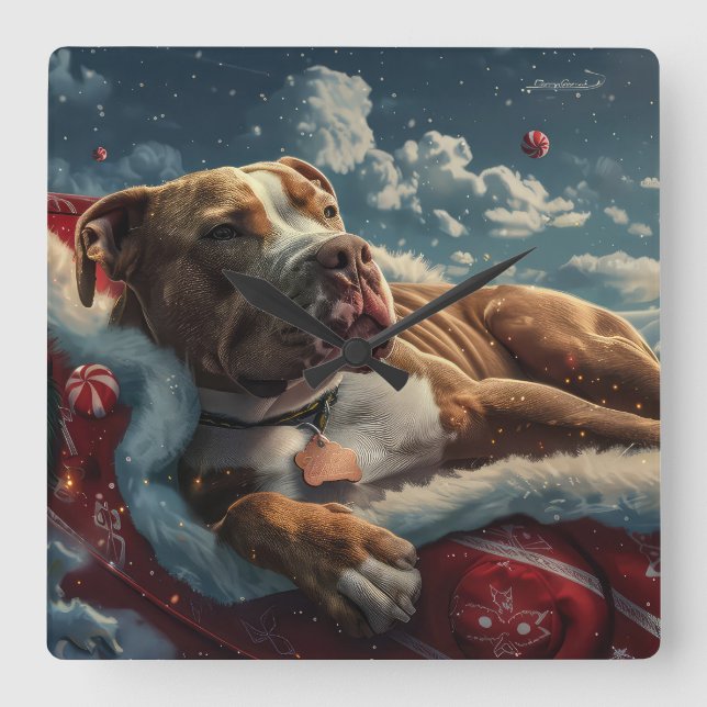 Pitbull Dog Christmas Festive Square Wall Clock (Front)