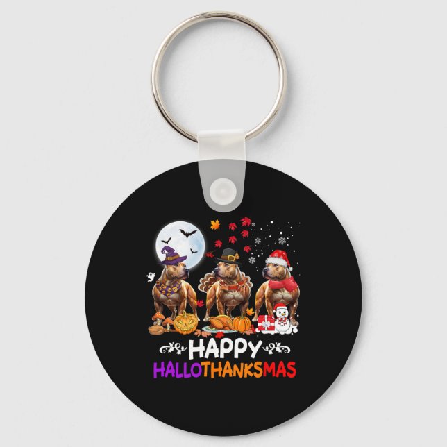 Pitbull Dog Christmas Happy Hallothankmas Thanksgi Keychain (Front)
