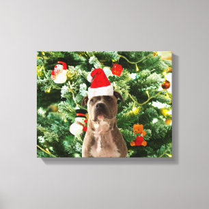 Pitbull Dog Christmas Tree Ornaments Snowman Canvas Print