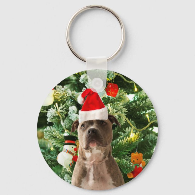 Pitbull Dog Christmas Tree Ornaments Snowman Keychain (Front)