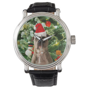 Pitbull Dog Christmas Tree Ornaments Snowman Watch