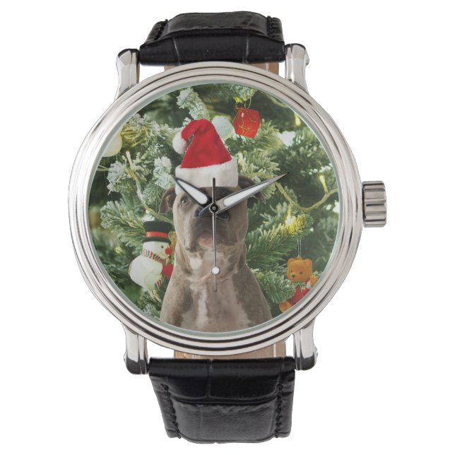 Pitbull Dog Christmas Tree Ornaments Snowman Watch (Front)