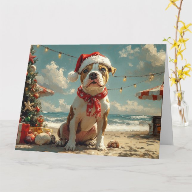 Pitbull Dog Christmas Vintage Beach  Card (Yellow Flower)