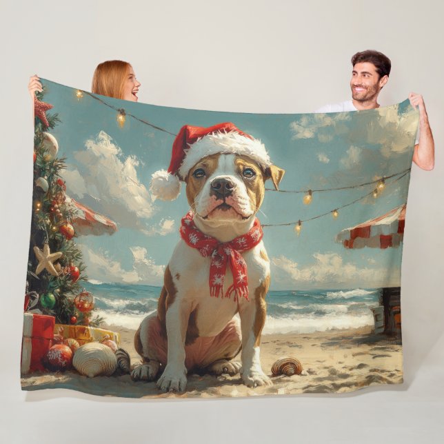 Pitbull Dog Christmas Vintage Beach  Fleece Blanket (In Situ)