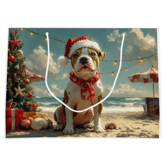 Pitbull Dog Christmas Vintage Beach  Large Gift Bag (Front)
