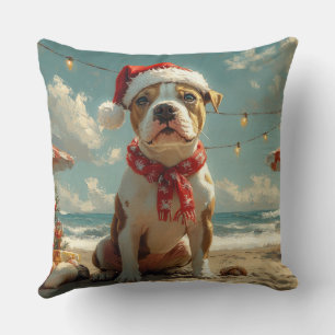 Pitbull Dog Christmas Vintage Beach  Throw Pillow
