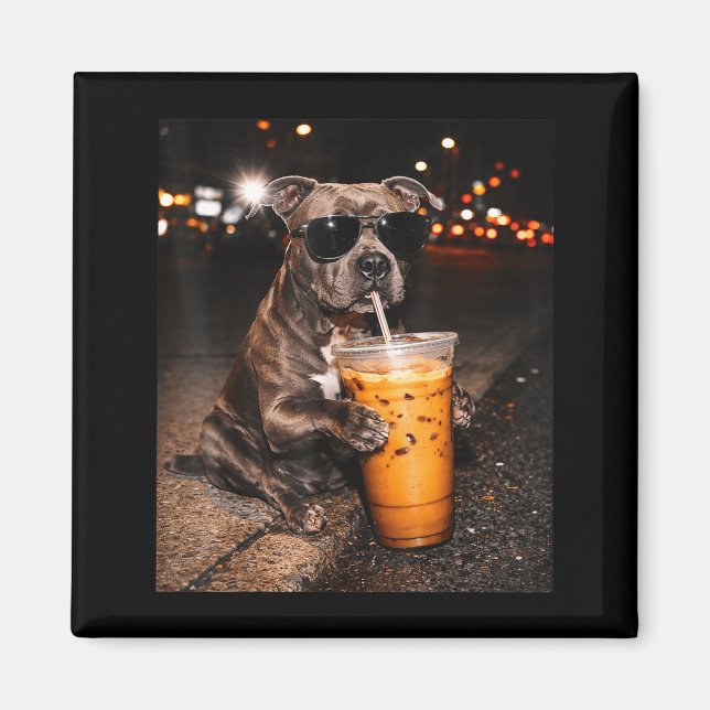 Pitbull dog drinking iced coffee with sunglasses magnet (Front)