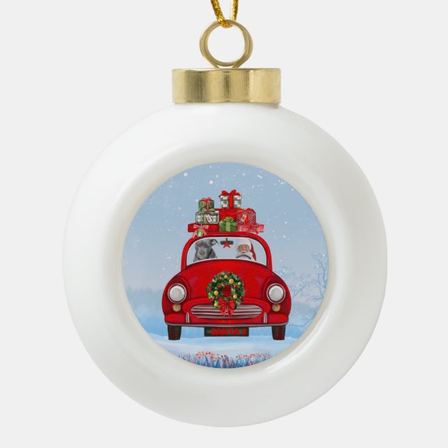 Pitbull Dog In Car With Santa Claus  Ceramic Ball Christmas Ornament (Front)