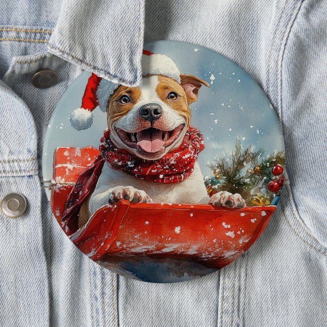 Pitbull Dog in Sledge Let it Snow Christmas 6 Inch Round Button (In Situ)